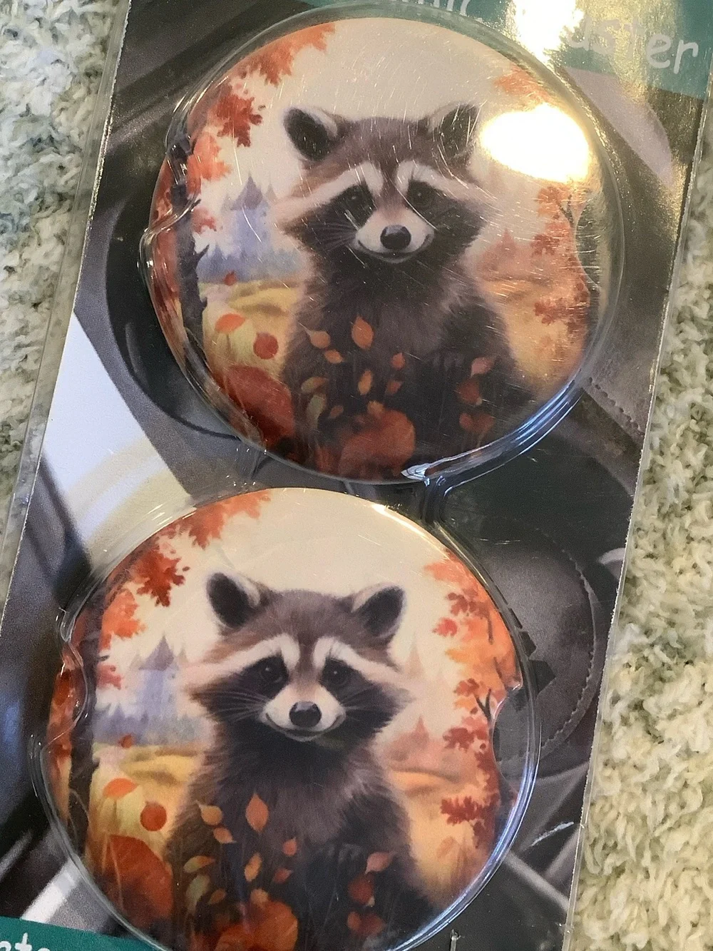 Raccoon Ceramic Car Coaster Set of Two, NWT waterproof 2.75”